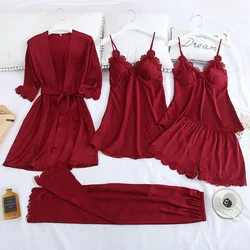 Ensemble de pyjama en dentelle satinée pour femme, nuisette sexy, peignoir à col en V, robe de nuit, vêtements de nuit imbibés, robe de nuit pour la maison, vêtements de printemps, bordeaux, 5 pièces