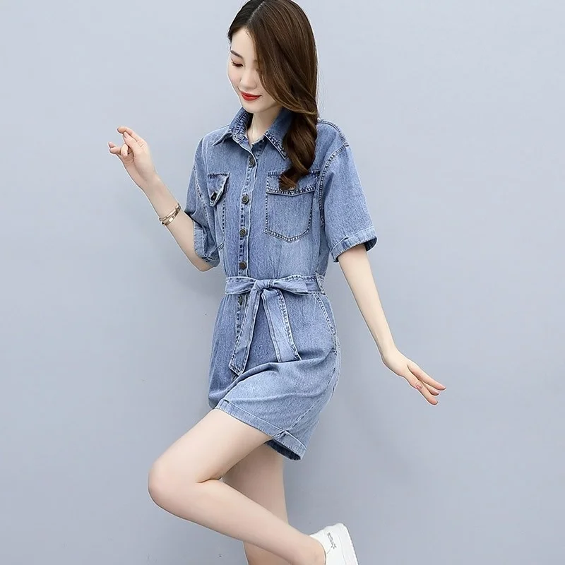 Denim Frauen Fracht Overalls Kurzarm Schärpen Einreiher Lose Beiläufige Playsuits Gerade Jeans High Street Weibliche Strampler