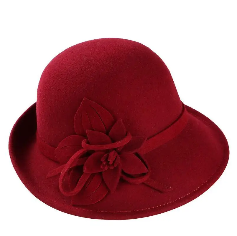 100% wool Female Winter Australia Wool Vintage Floral Womens Fedoras Felt Hats French Bowler Sombrero Fedora Wool Hat For Women