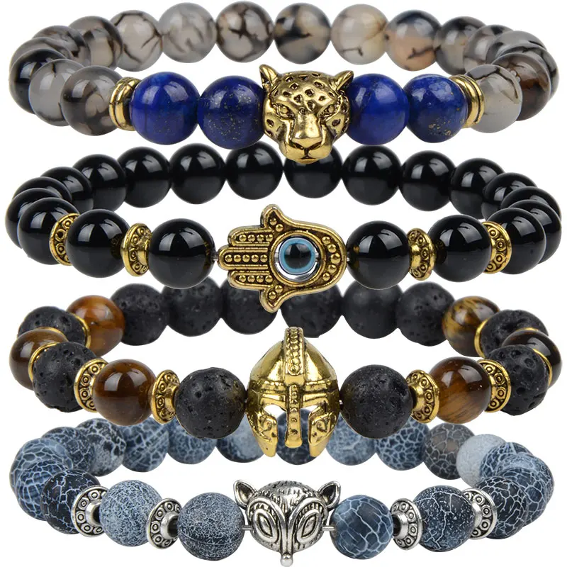 Lion Buddha Beads Bracelets Natural Weathered Stone Tiger Eye Black Agate  Elastic Rope Energy Healing For Women Men