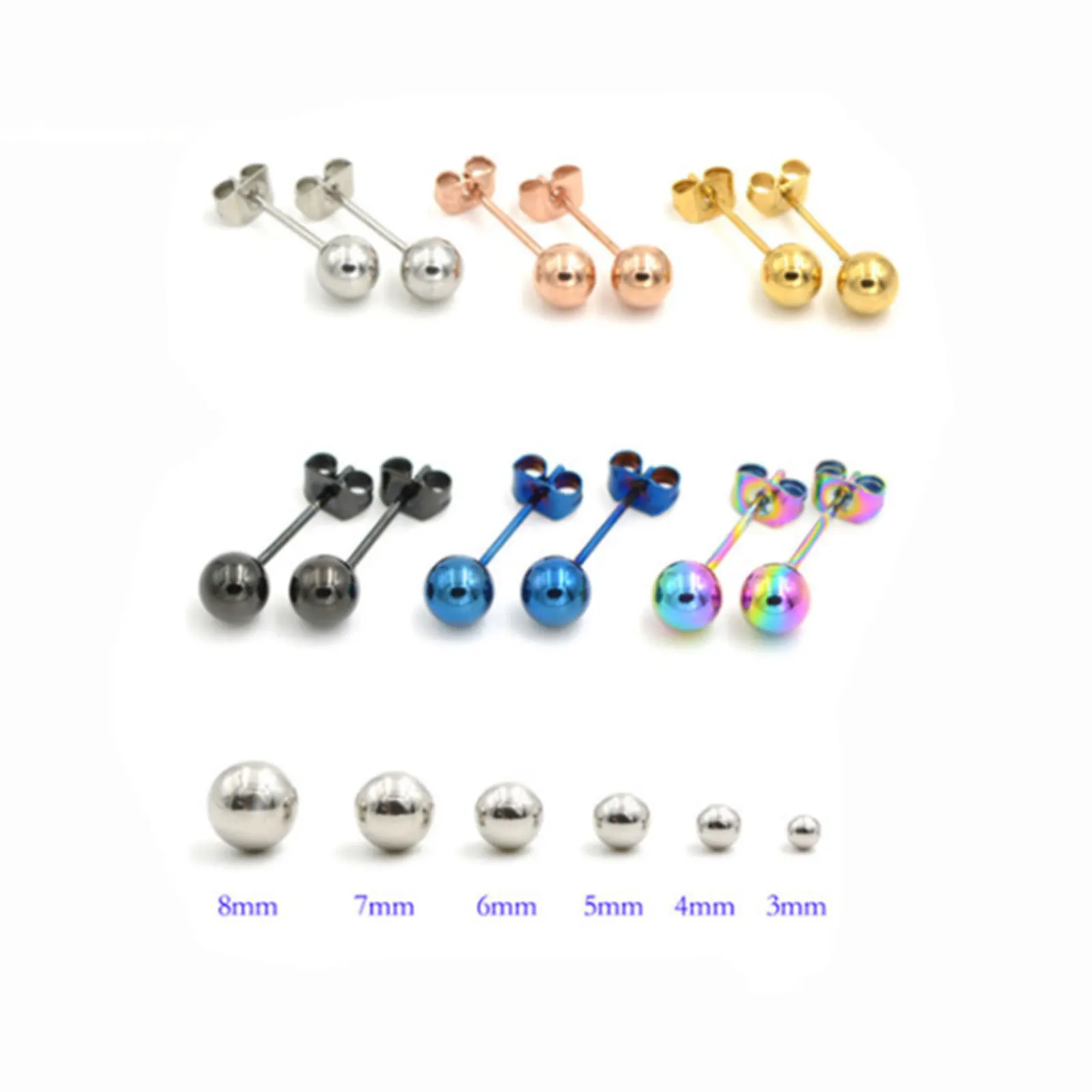 Stainless Steel Ear Post Stud Earrings For Women Men Jewelry Gold Silver Color Ball 2-8mm Dia Fashion Jewelry Wholesale, 1 Pair