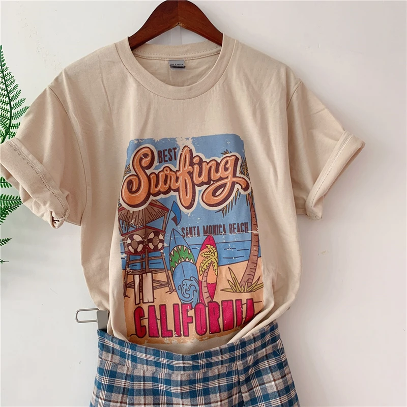 Best Surfing California Funny Printed T Shirt Khaki Cotton Fashion Tees Women Short Sleeve Vintage Tops