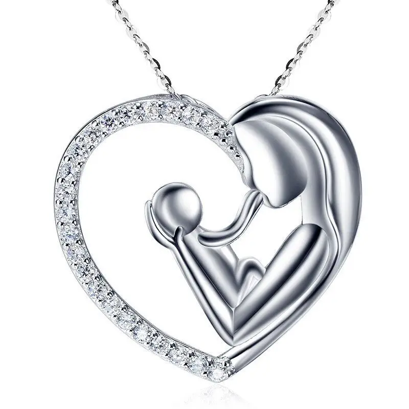 Newl Mom and Children Necklace with Mom Hugging Kid Design Zircon Hollow Heart-shaped Neck Jewelry Gift for Women Mother