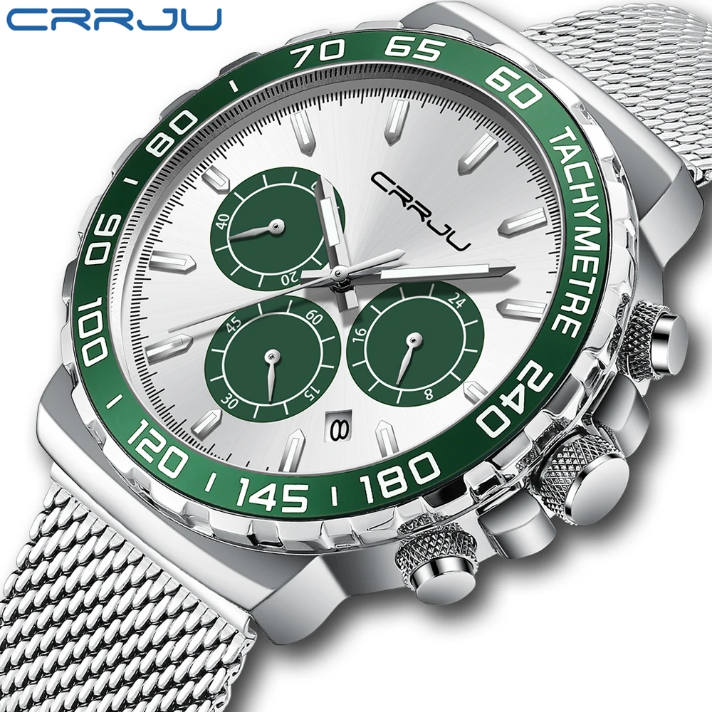 

CRRJU 2022 New Men Quartz Wristwatch Fashion Chronograph Stopwatch Waterproof Stainless Watch for Men Japanese Watch Men