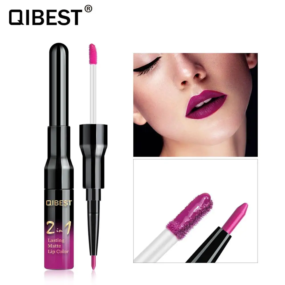 للبيع-QIBEST مزدوج رئيس Lipgloss زائد الشفاه بطانة القلم السائل ماتي أحمر الشفاه مقاوم للماء الشفاه ماكياج عالية الصباغ الشفاه