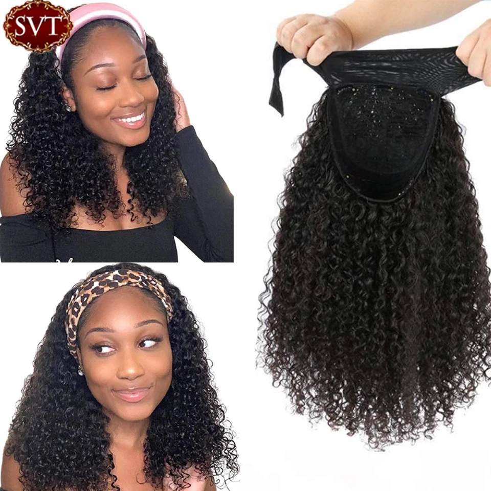 SVT Human Hair Headband Wig Curly Human Hair Wigs For Women Glueless Full Machine Made Peruvian Remy Human Hair Scarf Wig 180%