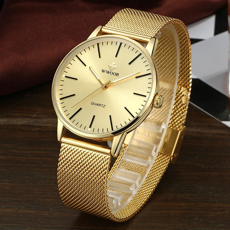 WWOOR Men Gold Watches 2023 Luxury Brand Men Fashion Quartz Golden Clock Male Simple Sports Waterproof Wrist Watch Zegarek Meski