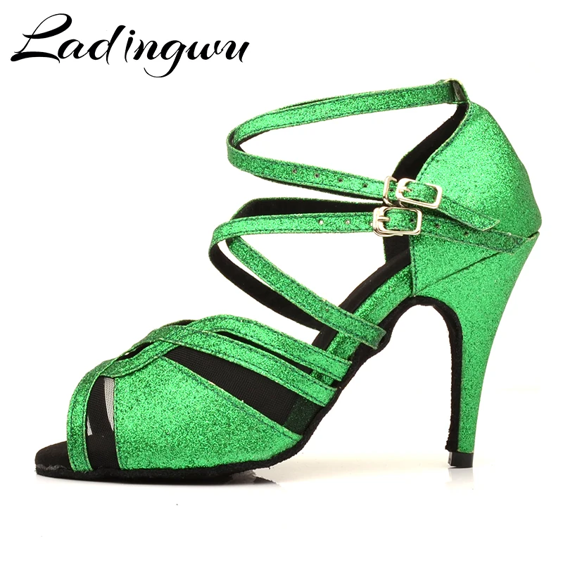 Ladingwu Latin Dance Shoes Women Profession Salsa Dance Shoes Ladys Ballroom Dance Shoes Soft Bottom Shoes Green Flash Cloth