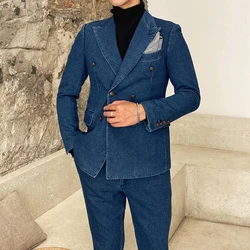 Vintage Groom Wedding Suits For Men Fit Slim Blue Denim Peacked Lapel Double Breasted Jacket Pants Sets Business Office Tuxedos