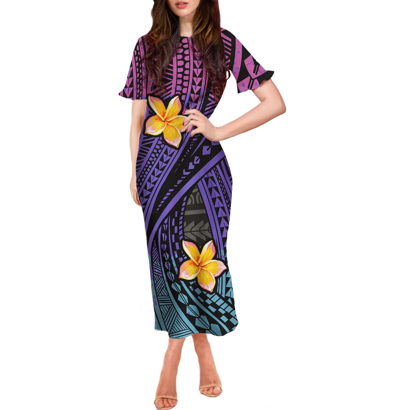 HYCOOL Rasta Color Polynesian Tribal Design Dress Women Hibiscus Print Ruffle Short Sleeve Womens Dresses Casual Dress For Girl