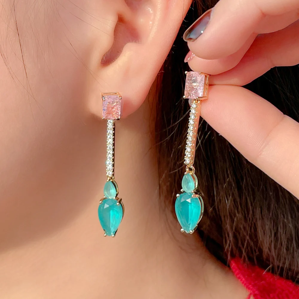 CWWZircons Simple Fashion Bright Dangling Light Blue CZ Long Water Drop Earrings for Women Elegant Ladies Ear Accessories CZ114