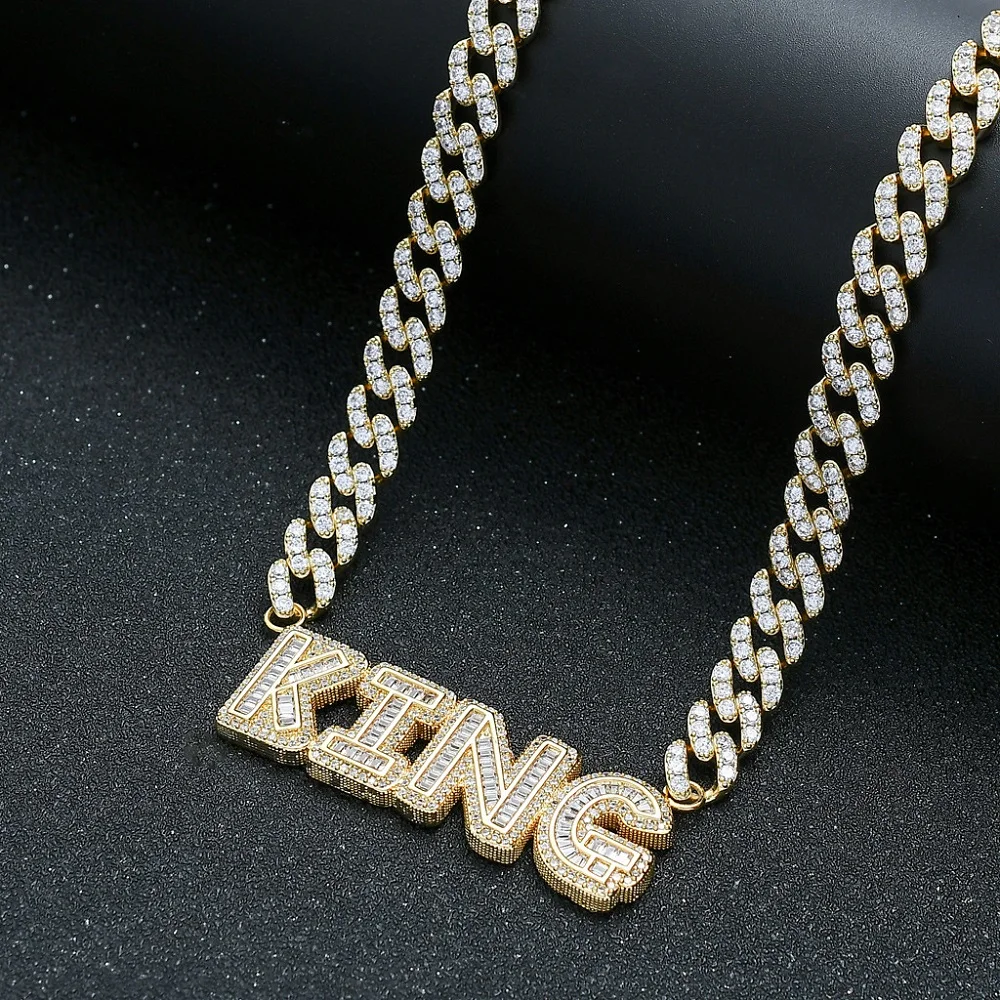 Customized Name Pendent Necklaces Ice Out of Cubic Zirconia Cuban Chain Necklace Baguette Personalized Hip Hop Jewelry Necklace