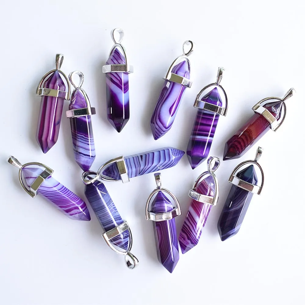 Wholesale 24pcs/lot high quality Purple Stripe onyx pillar shape point Chakra charms pendants for jewelry making free shipping