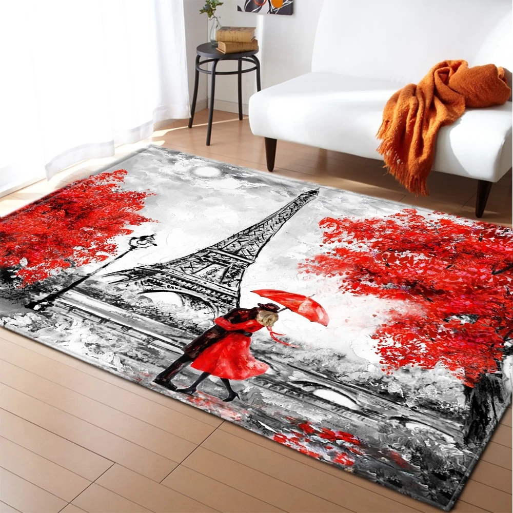 3D Paris Tower Flower Living Room Area Rug Girls Bedroom Carpets Romance Floral Print Doormat Kitchen Mats Bathroom Bath Mat