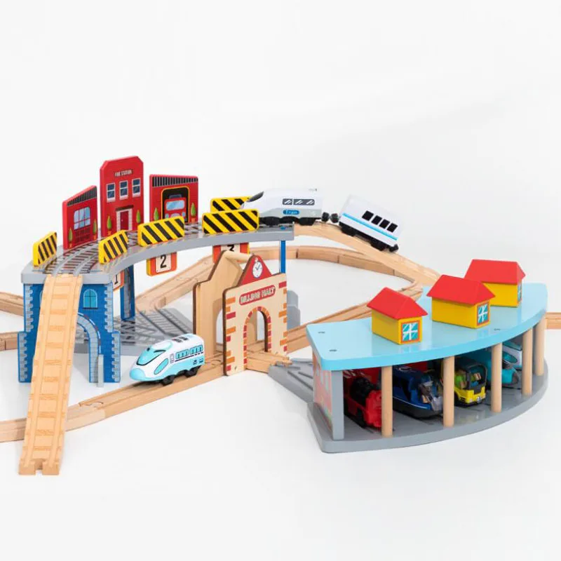 Wooden Train Station Car Garage Toy Beech Wooden Track Railway Bridge Fit Biro All Brands Wood Track Toys For Children