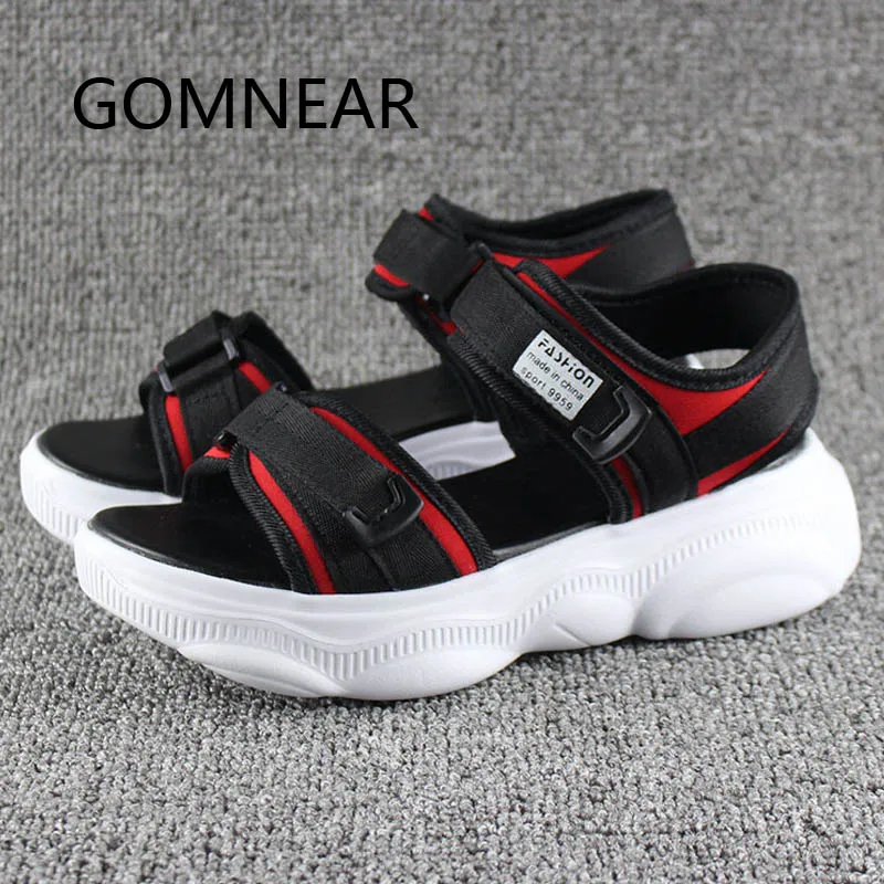 GOMNEAR Women Outdoor Casual Sandals Platform Summer Sport Sandals Black Red Beach Shoes Hollow Out Walking Height Increasing