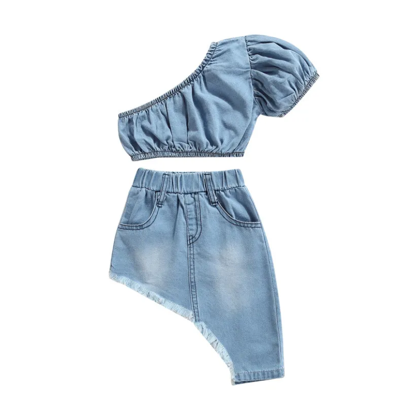 Girls Denim Clothes Set, Solid Color Short Sleeve Off-shoulder Cropped Tops + Irregular Hem Skirt