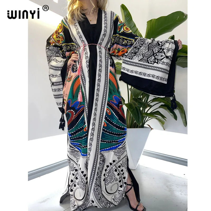 WINYI-Vestido largo bohemio de manga larga para mujer, traje elegante con estampado de Cachemira, cinturón, dobladillo grande, para playa, 2021