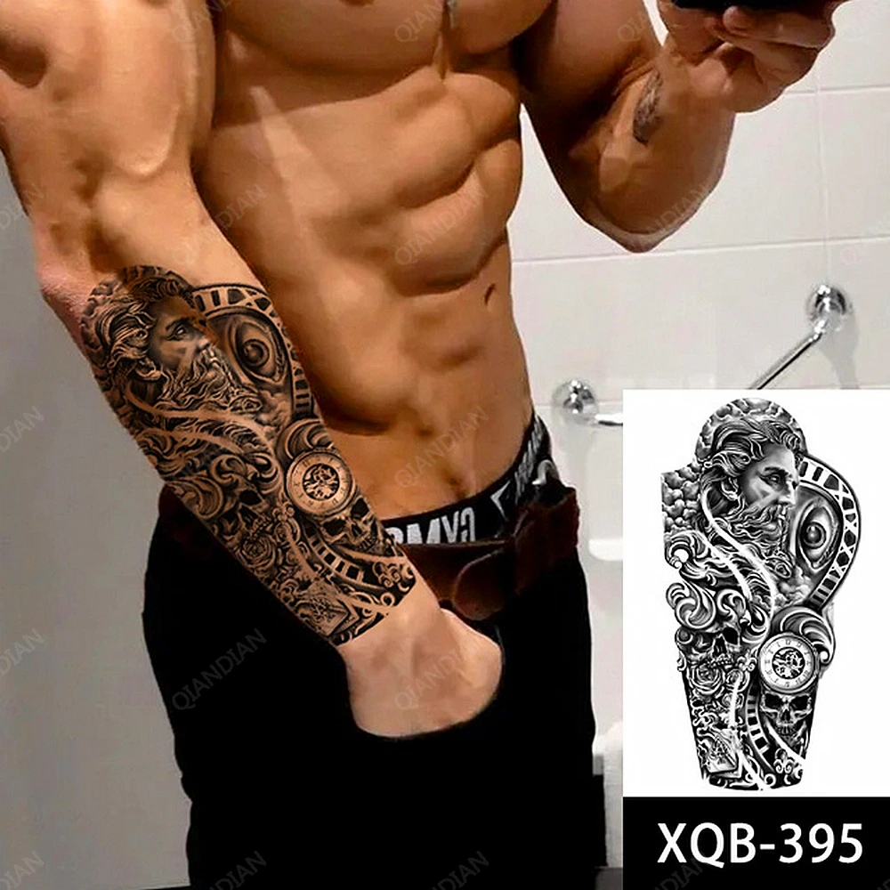 1pc Flower Men Waterproof Temporary Tattoos Fake Stickers Arm Cool Art Big Hipster Black Skull Eye Clocks Solitaire