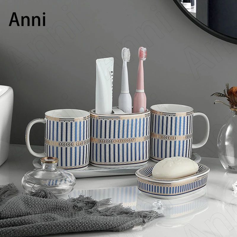 

Creative Painted Bathroom Set Ceramic Nordic Simple Gold Strip Decorative Mouth Cup Household Four Piece Set Shower Accessories