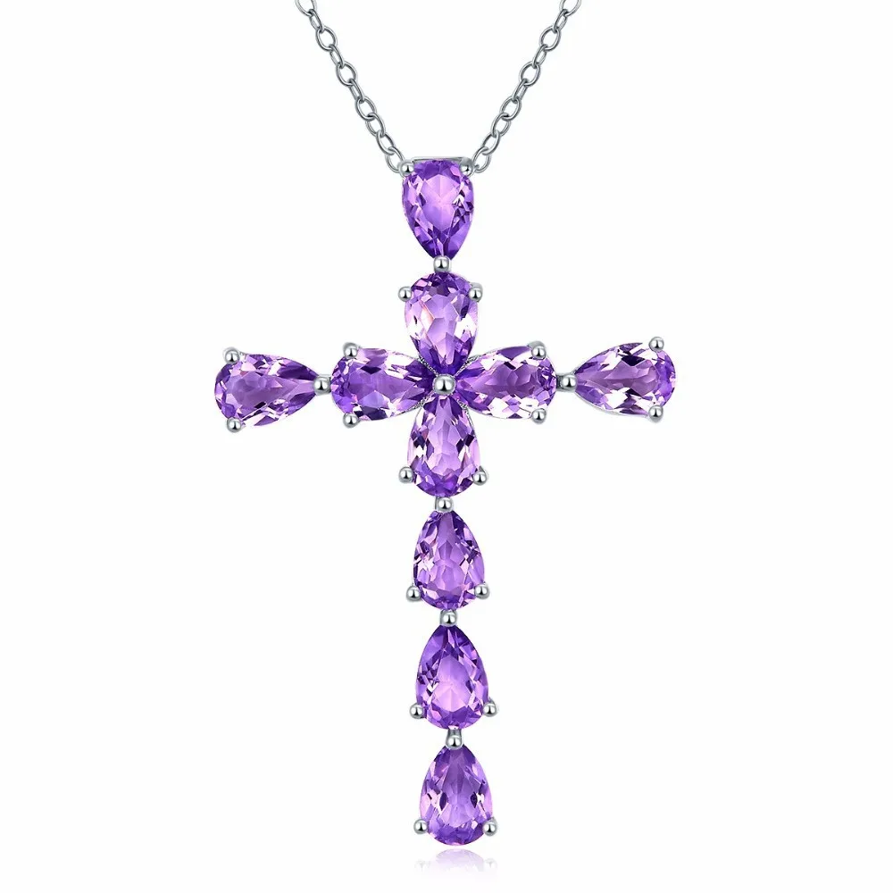 

Amethyst gemstones purple crystal Cross pendant necklace for women choker chain diamond white gold silver color jewelry gift