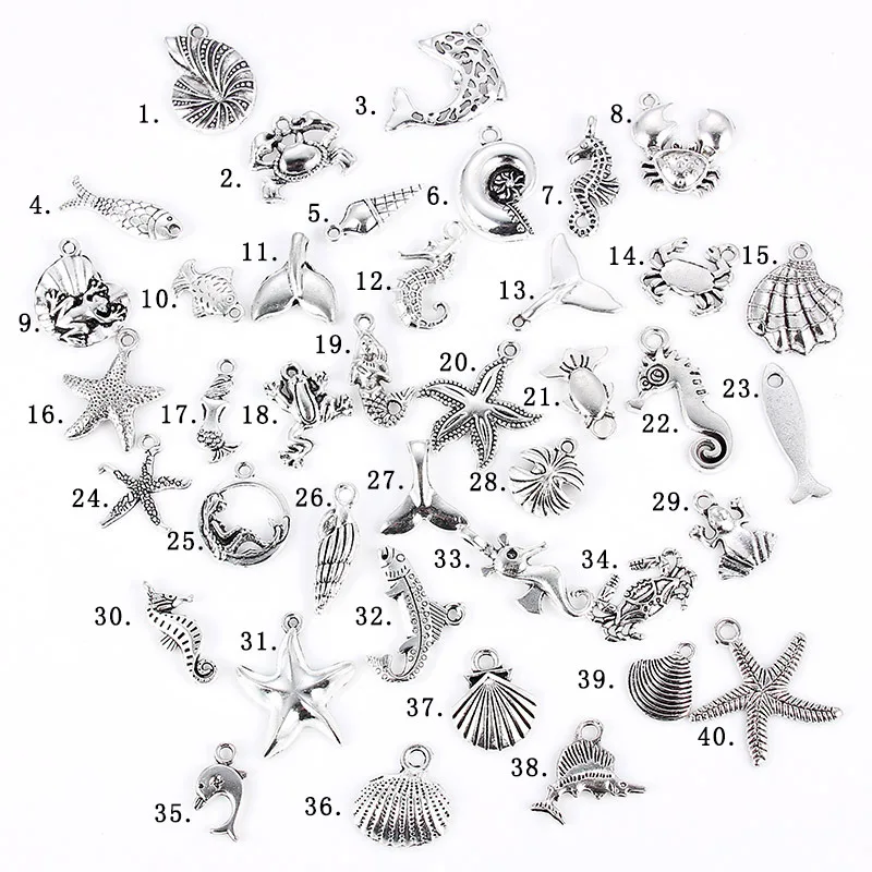 40pcs Tibetan Silver Mixed Styles Shell Starfish Charms Pendants DIY Jewelry Making for Necklace Bracelet Findings Accessaries