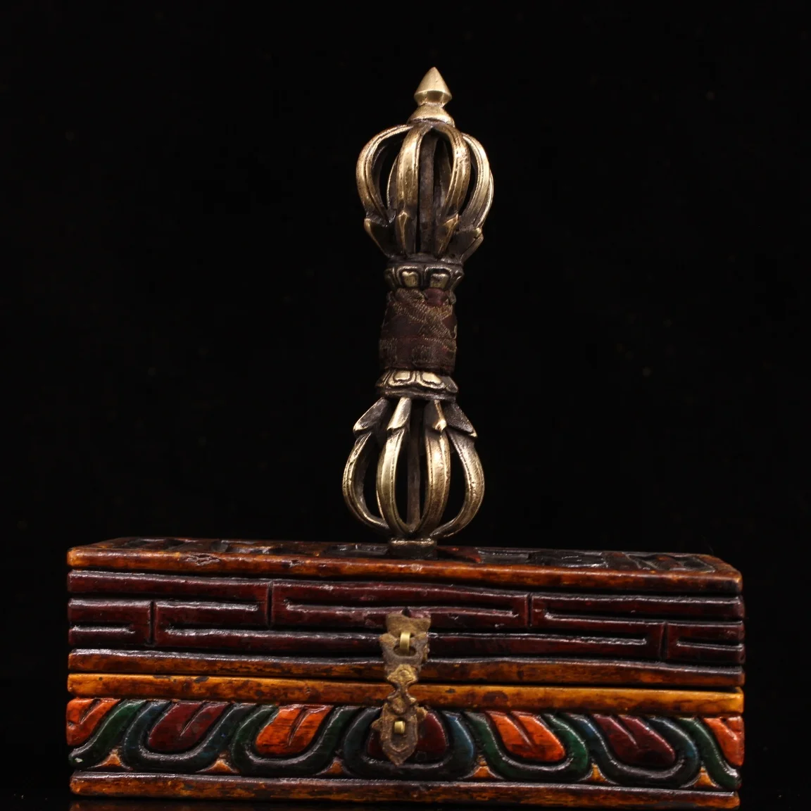 11"Nepalese folk Old Bronze Cinnabar Nine Shares Vajra Phurpa Amulet Bodhi Root Box A set Town House Exorcism