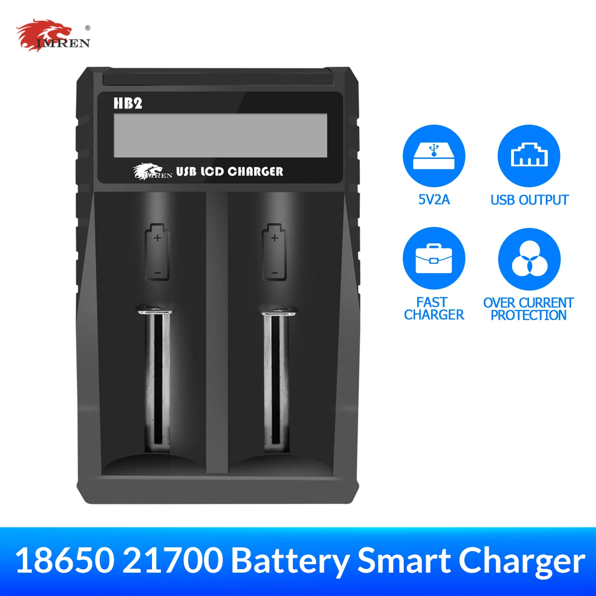 

IMREN HB2 5V2A 2 Slot Portable USB Battery Charger For 14500 18650 20700 21700 26650 Lithium Lion Rechargeable Batteries