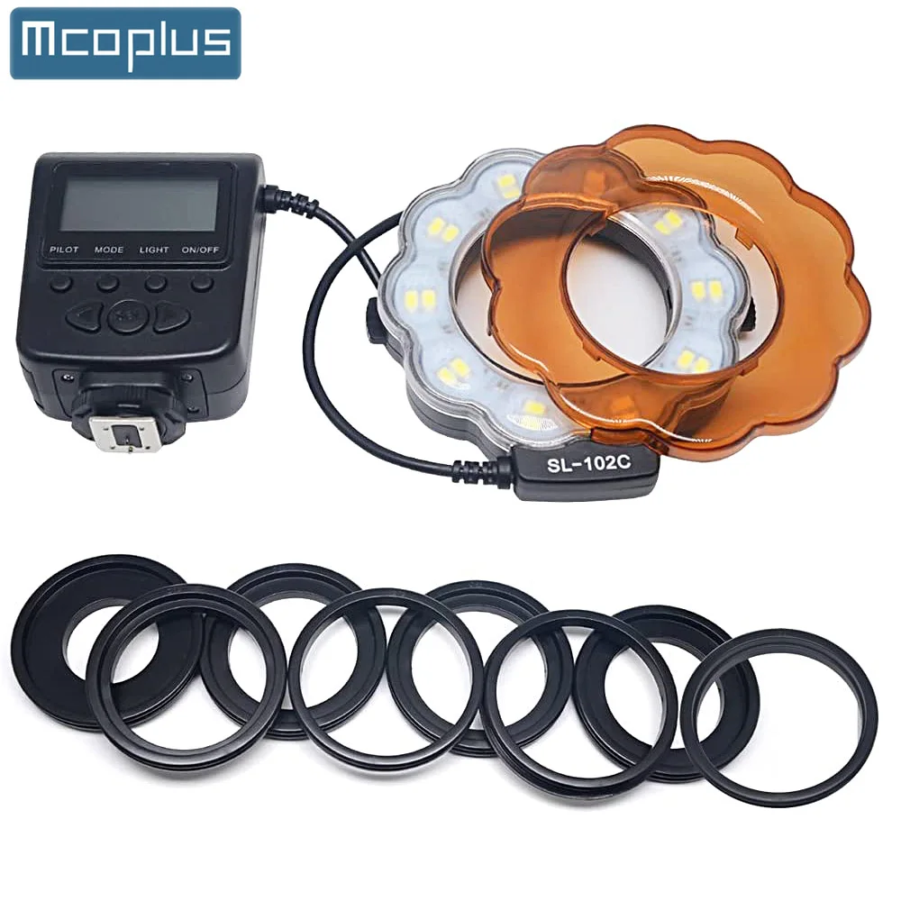 

Mcoplus Macro LED Ring Flash Speedlight Set with 8 Adapter Ring for Canon Nikon Pentax Olympus Panasonic DSLR Camera