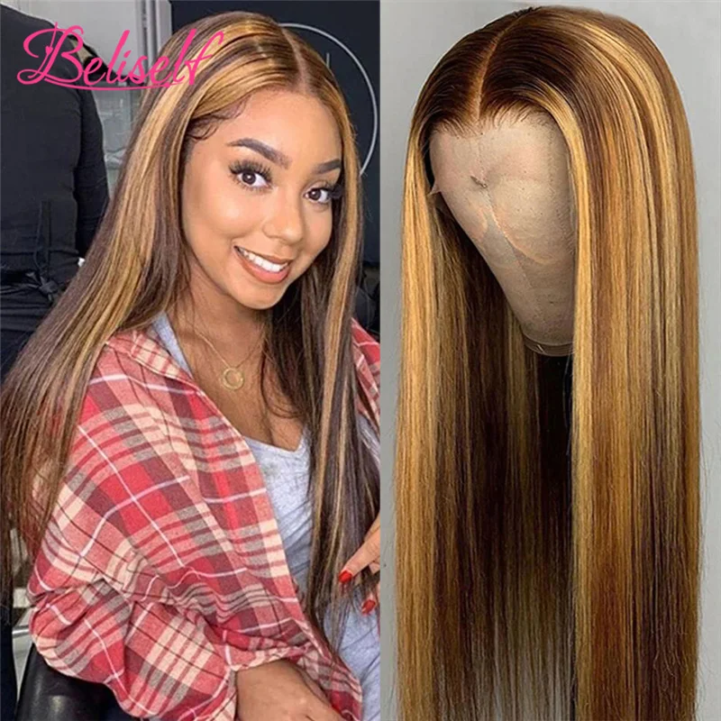 Beliself-Peluca de cabello humano liso para mujer, Frontal de encaje con reflejos postizo, pelo brasileño ombré 4/27, 13x4, prearrancado