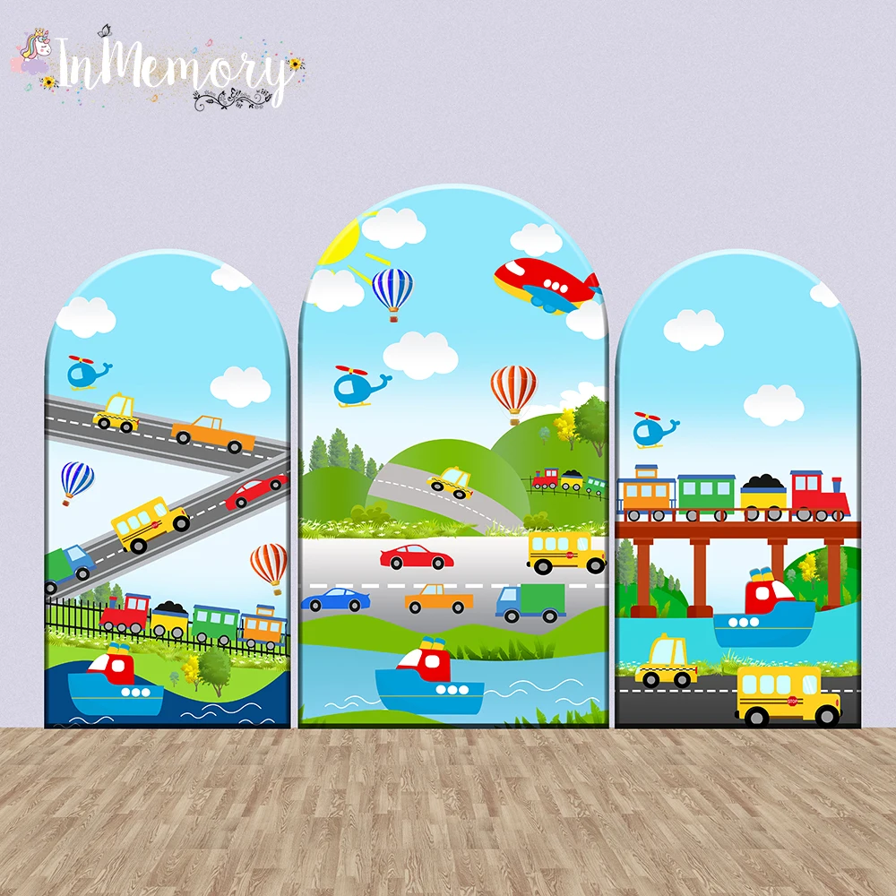 Arch Round Backdrop Cover Doubleside Transportation theme airplane Car  Hot air balloons Boy 1st Birthday Background Party Decor