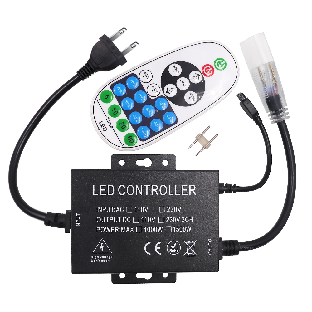 1500W Power Supply 110V 220V Dimmer LED Controller With 23key IR Remote EU/US Power Plug For 100m Single Color Neon Strip Light