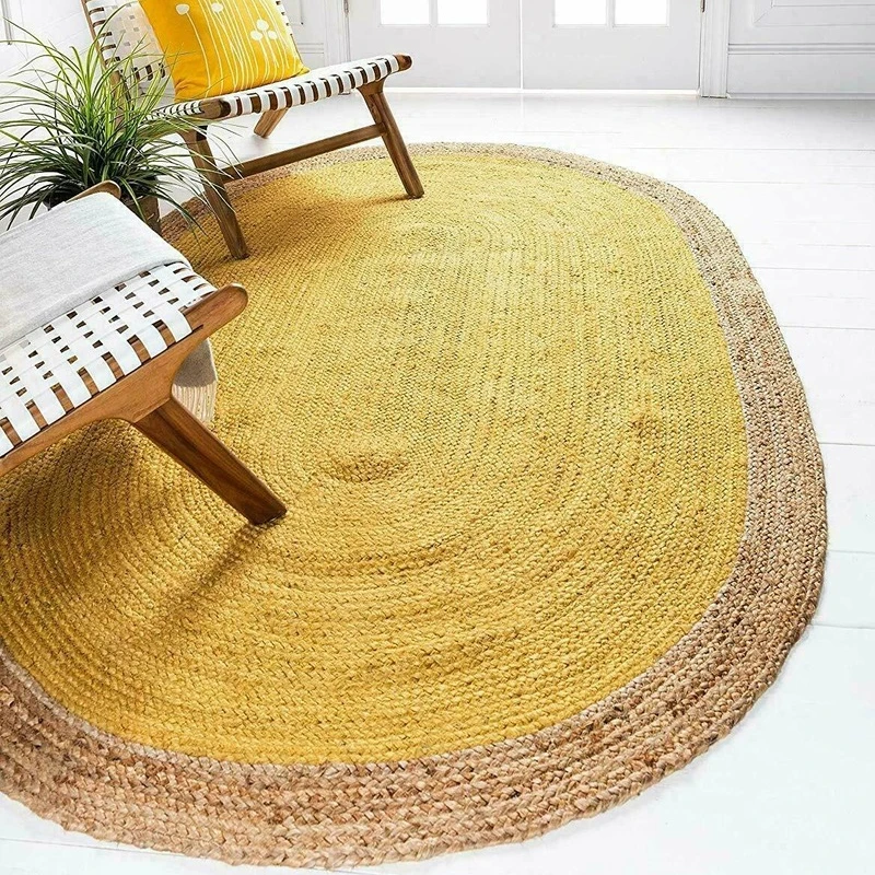 

Rug 100% Natural Jute Braided Oval 2x3 Ft Rug Floor Mat Handmade Yellow Reversible Rug for Modern Home Living Area