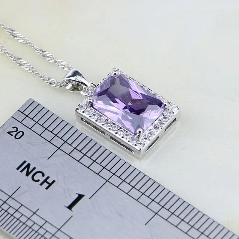 Square Purple Crystal White Zircon 925 Sterling Silver Jewelry Sets For Women Wedding Earrings/Pendant/Necklace/Bracelet/Ring