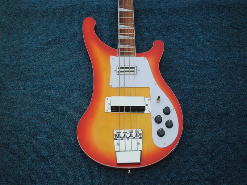 Orange color 4 strings Electric Bass Guitar with White Pickguard,Rosewood Fingerboard,Chrome Hardware,Provide custom service