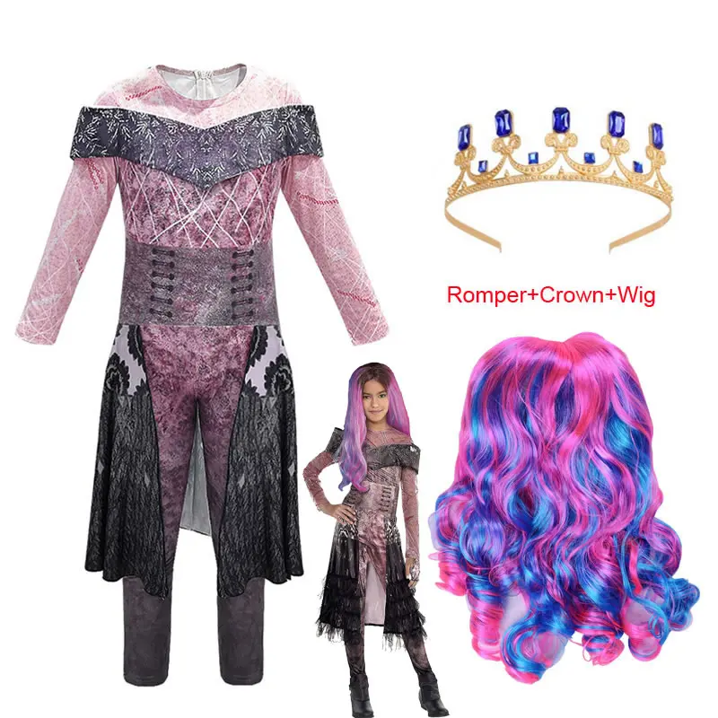 Halloween Descendants 3 Cosplay Costume For Teen Girl Romper Set Christmas Child Wig Jumpsuit Crown 3PC Outfit Kid Pelele Suit