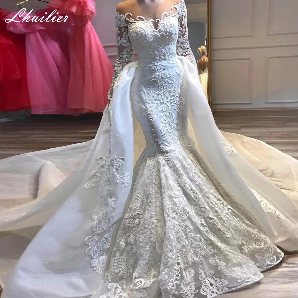 

Lhuilier Customized Scoop Neck Lace Mermaid Wedding Dresses Full Sleeves Beaded Appliques Bridal Gown with Detachable Train