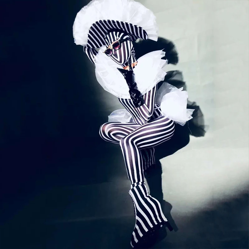 New! Rave Clothes Women Sexy Nightclub Jumpsuit Stripe Body Suit GoGo Dance Bar DJ Costume Singer Unique Stage Costume BL1848