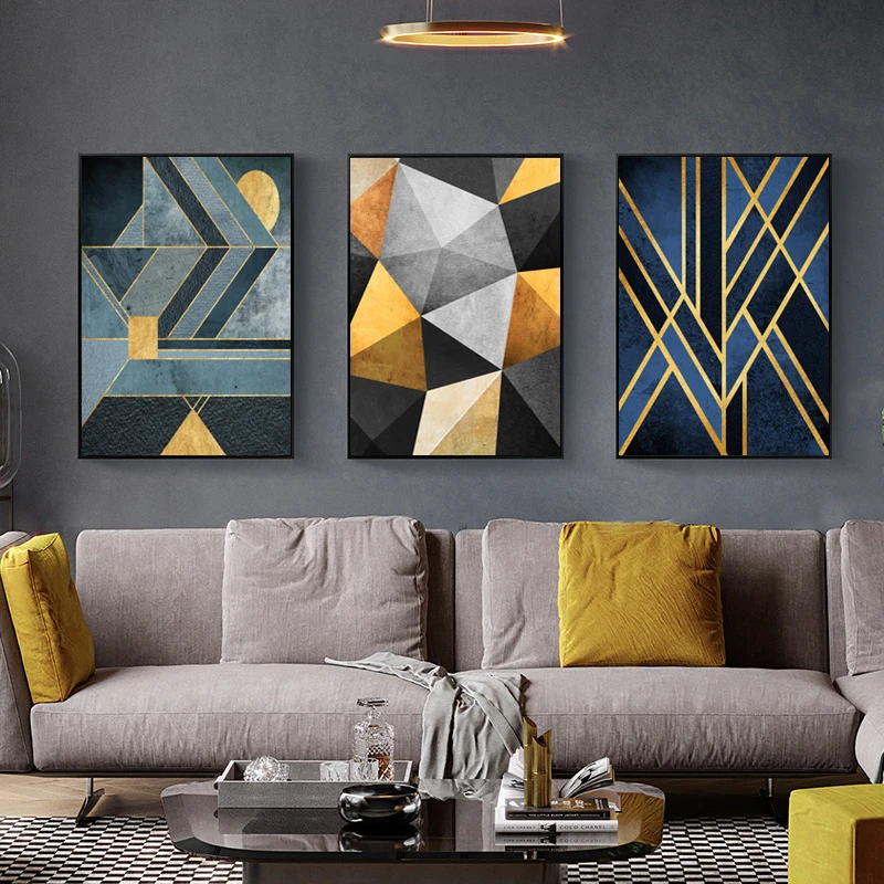 

Luxury Modern Golden Line Black Blue Geometry Poster Nordic Art Plant Canvas Painting Modern Wall Picture for Living Room Decor