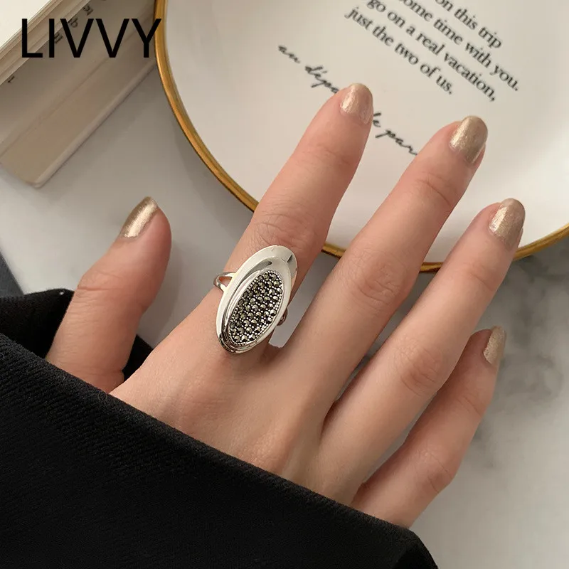 LIVVY Silver Color New Fashion Vintage Creative Geometric Oval Zircon Rings for Women Party Jewelry Birthday Gifts