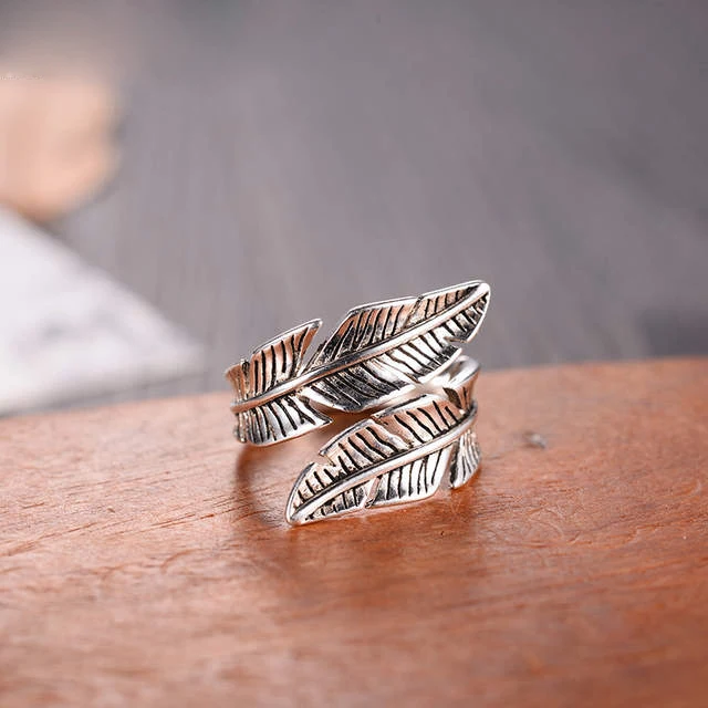 

2020 Bijoux Fashion Real 925 Sterling Silver Feather Rings for Women Boho Adjustable S925 Antique Rings Anillos joyas de plata