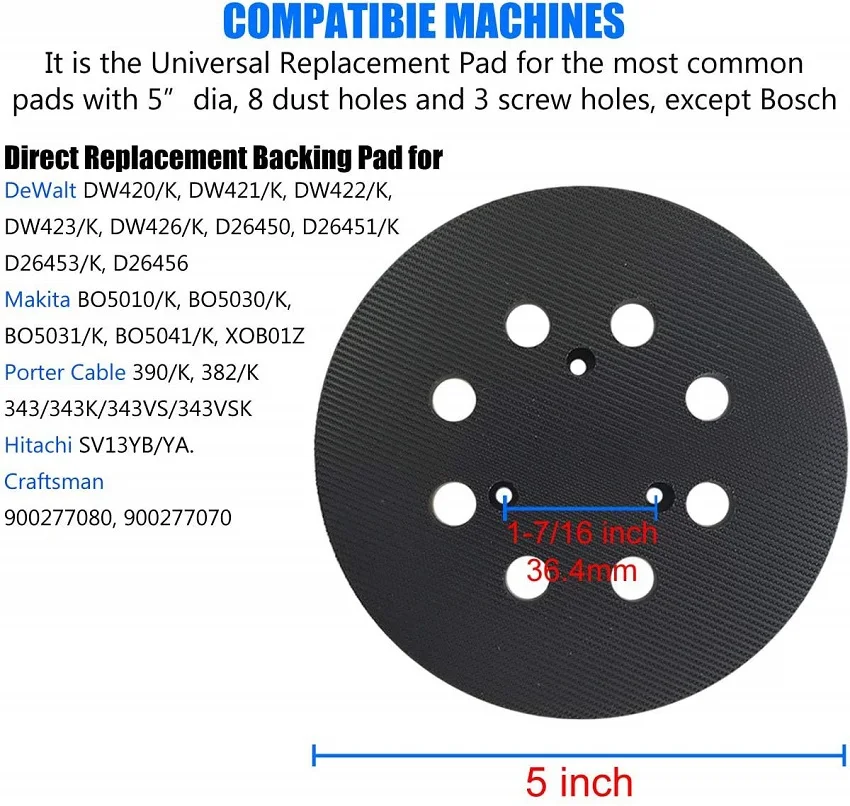 5 Inch Hook & Loop Sanding Pad 8 Holes Backing Plate for Porter Cable and Hitachi SV13YB/YA Random Orbital Sanders Woodworking