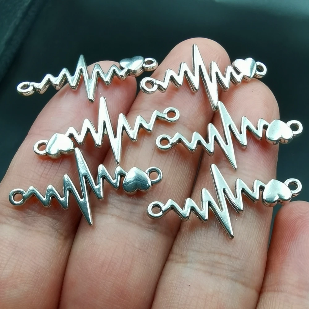 Antiquing 20pcs Heartbeat Connector Charms Electrocardiogram Pendant DIY Handmade Ornaments Jewelry