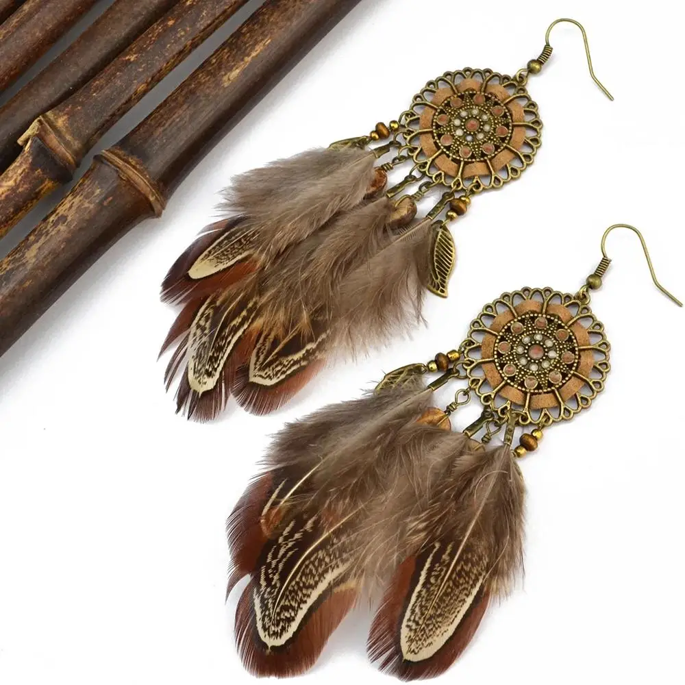 Pendientes de boda de plumas marrones con borla larga para mujer, Pendientes colgantes de cuentas de madera Vintage bohemios, joyería India
