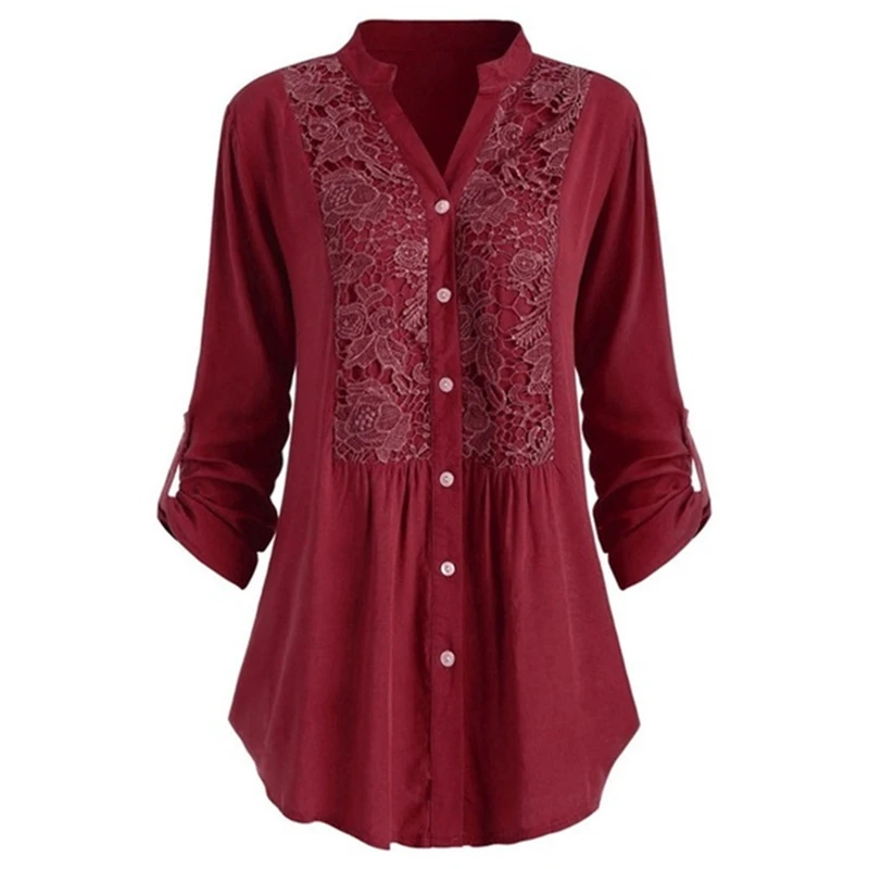 Camisa de algodón holgada para mujer, camisa de manga larga con cuello levantado, de un solo pecho, de encaje, de Color sólido, talla grande