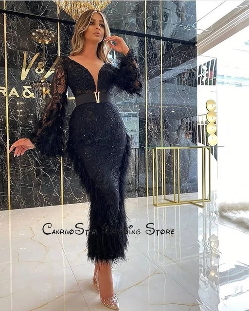 Elegant Black Feather Lace Cocktail Dresses Long Pagoda Sleeve Deep V Neck Ankle Length Short Prom Gown Formal PartyDresses AliExpress