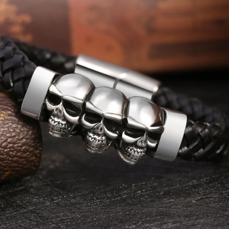 Men Skull Ghost Leather Woven Bracelet Hand Made Multilayer Leather Bracelet