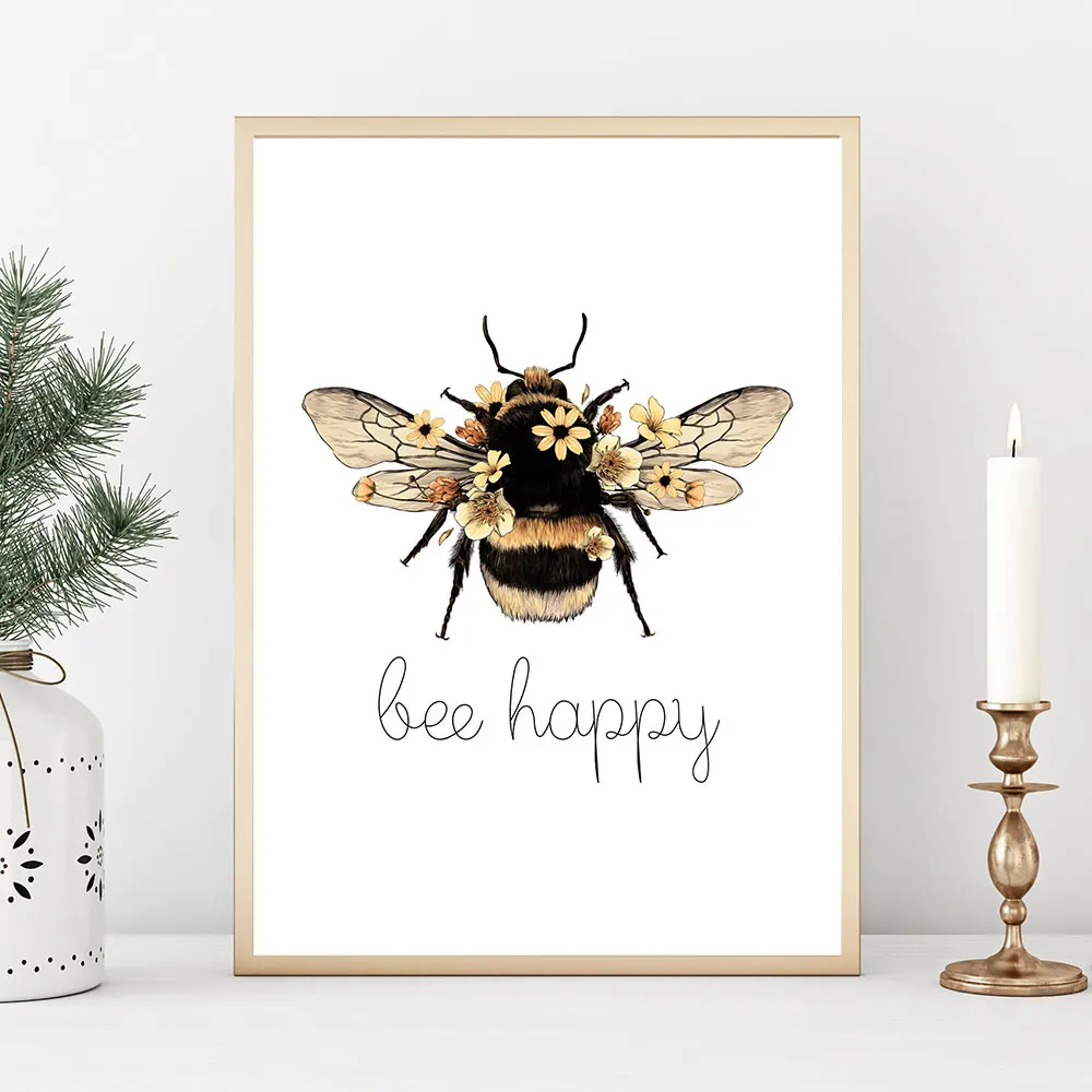 

Bee Happy Poster Be Kind Yourself Nordic Art Print Bee-you-tiful Canvas Painting Modern Quote Wall Picture Bedroom Home Decor