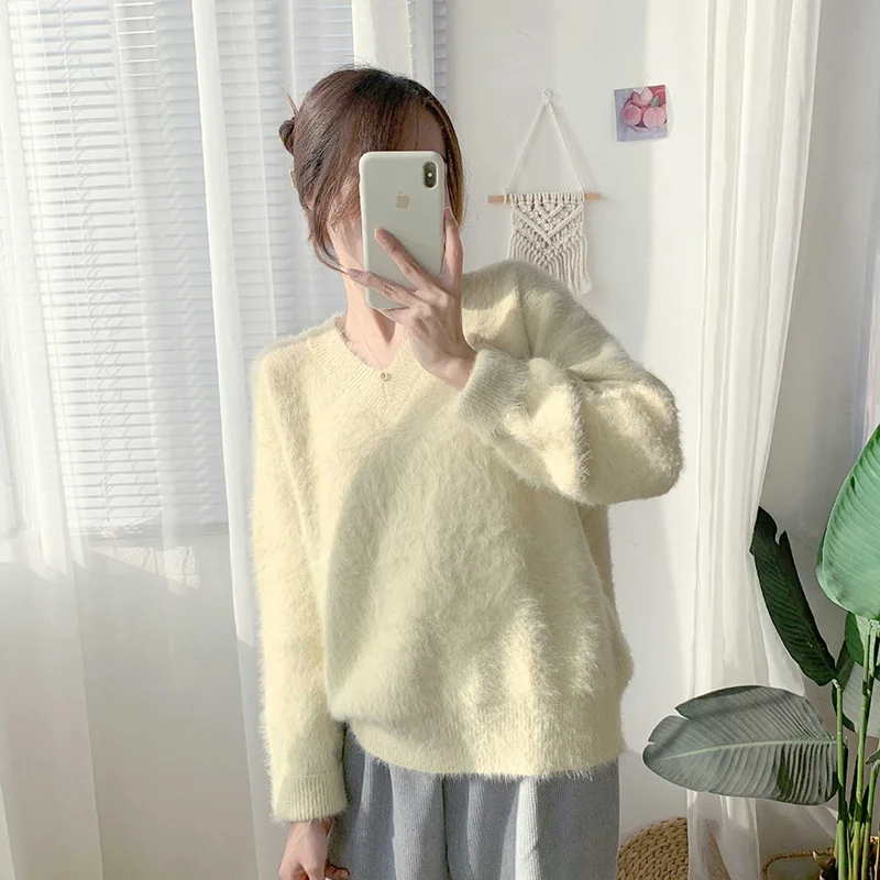 

2021 New Fall/winter Artificial Mink Sweater Women Pure Color Thick Warm Loose Pullover Sweater Women Knit Pullover Sweaters