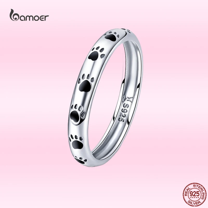 Bamoer 925 Sterling Silver Creative Dog Footprints Rings for Women Fashion Simple Valentine Day Confession Jewelry Gift SCR445